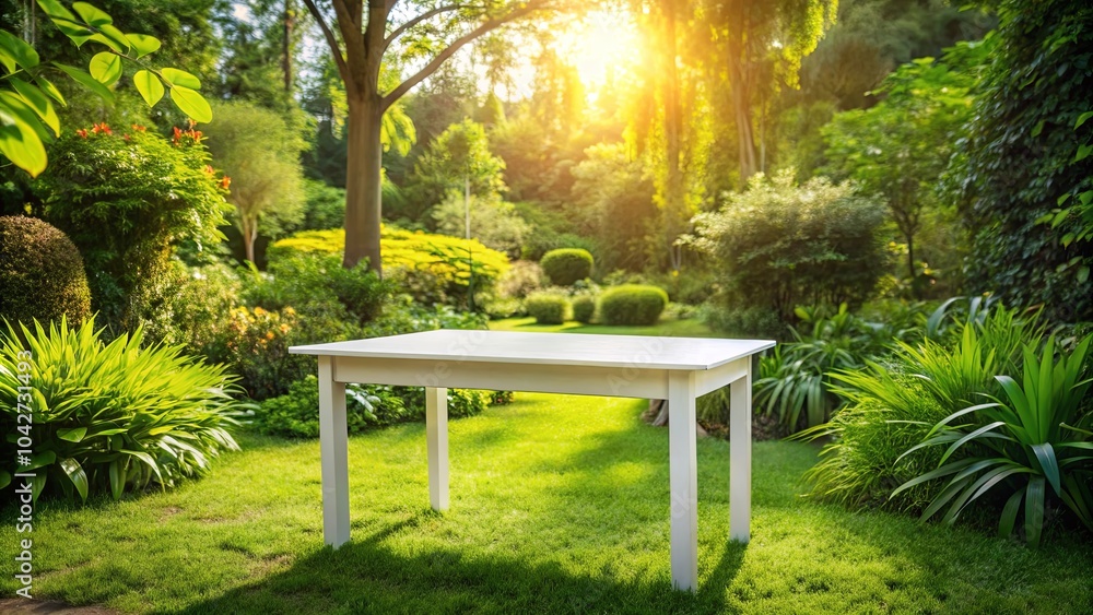 A lone white table stands amidst a lush green garden, bathed in the golden light of the setting sun. A lone white table stands amidst a lush green garden, bathed in the golden light of the setting sun.