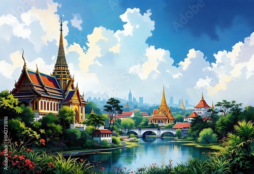 Temple in Thailand watercolor painting favorite tourist place
 photo