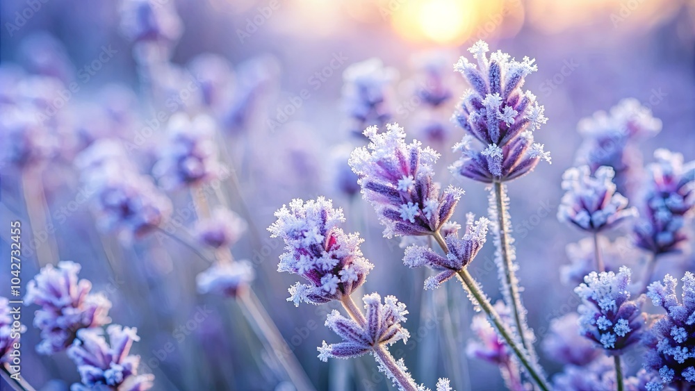 Fototapeta premium A delicate dusting of frost adorns lavender blossoms, creating a captivating contrast of purple and white against a backdrop of soft morning light.