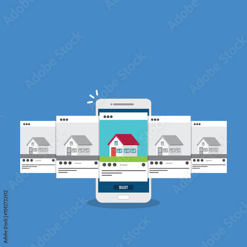 House searching. Smartphone with mobile application for realtors. Deals with real estate and private property. Apartment purchase.