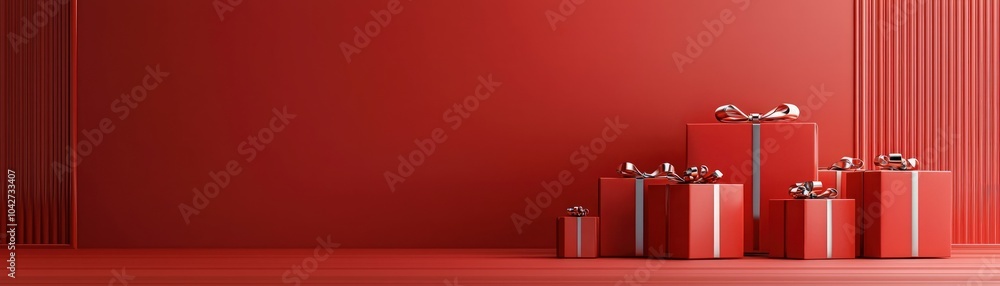A vibrant red backdrop featuring elegantly wrapped presents, creating a festive and celebratory atmosphere perfect for special occasions. A vibrant red backdrop featuring elegantly wrapped presents, creating a festive and celebratory atmosphere perfect for special occasions.