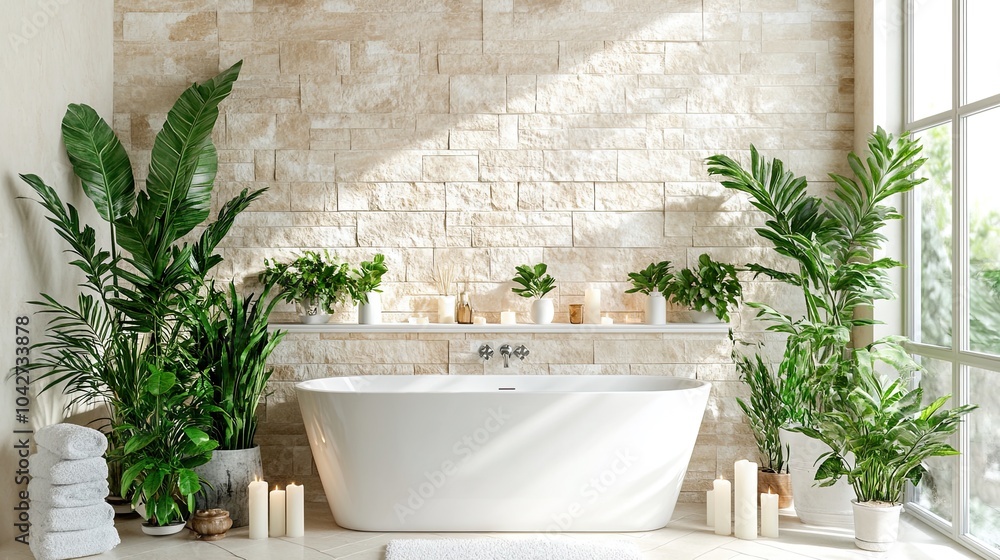 Serene bathroom with plants and candles. Serene bathroom with plants and candles.