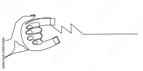one continuous line drawing of a hand holding a magnet.one line drawing of a hand holding a magnet with a pulling force.single line vector illustration.isolated white background