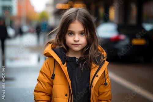 Portrait of a cute little girl in a yellow jacket on the street