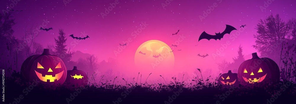 Halloween night background featuring pumpkins, bats, and a full moon in a purple color theme, with cartoon smiling jack-o'-lanterns and dark trees. Halloween night background featuring pumpkins, bats, and a full moon in a purple color theme, with cartoon smiling jack-o'-lanterns and dark trees.