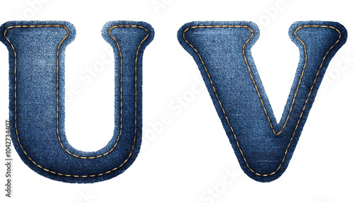 U-V Realistic sewn denim fabric letters U V isolated on white background textured alphabet stitching effect