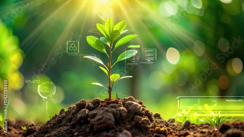 Small plant growing in sunlight with technology analyzing its growth