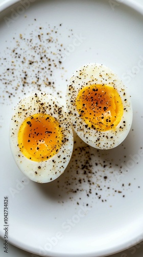 Two Hard Boiled Eggs with Black Pepper on a White Plate photo