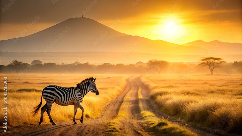Fototapeta premium A lone zebra traverses a dusty path through a golden savanna as the sun sets behind a distant mountain range.