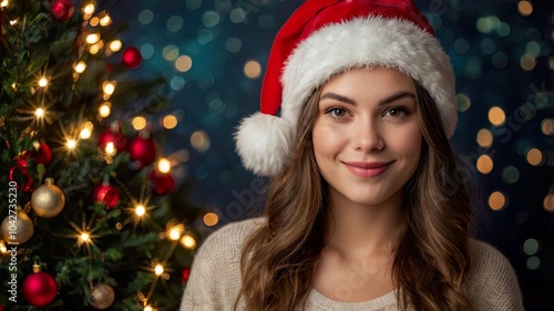 Festive Young Woman in Santa Hat by Christmas Tree