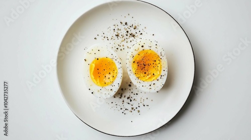 Two Halved Hard-Boiled Eggs with Black Pepper on a White Plate photo