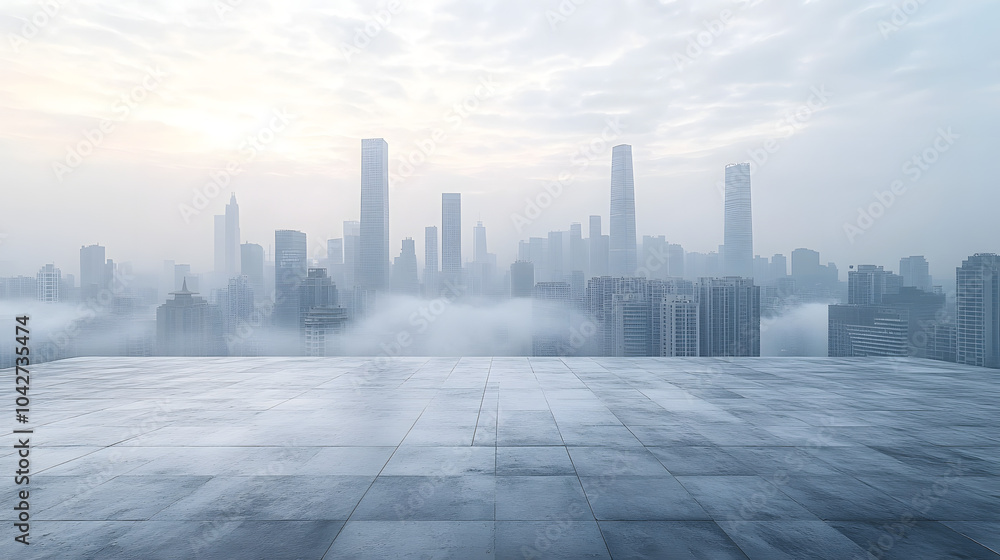 An Empty Concrete Floor with a City Skyline Background. The Minimalist Scene Captures the Urban Atmosphere, Highlighting Architectural Elements Against a Clear Sky, Ideal for Modern Design and Creativ An Empty Concrete Floor with a City Skyline Background. The Minimalist Scene Captures the Urban Atmosphere, Highlighting Architectural Elements Against a Clear Sky, Ideal for Modern Design and Creativ