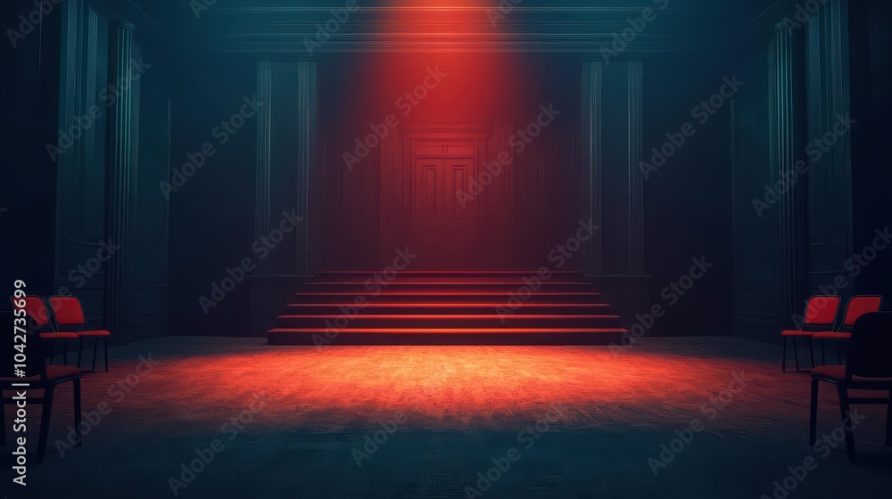 Fototapeta premium An atmospheric interior scene featuring a dimly lit stage with red lighting, empty chairs positioned in anticipation, creating a mysterious and dramatic ambiance.