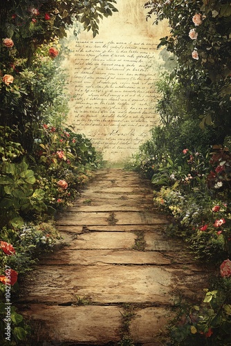 Enchanting pathway through a lush garden leading to a mysterious scripted wall of nature's storytelling