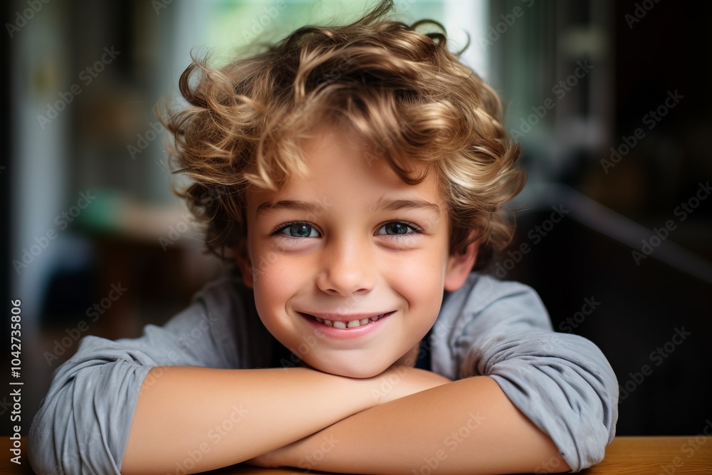 Portrait of a cute little boy with curly hair smiling at the camera Portrait of a cute little boy with curly hair smiling at the camera