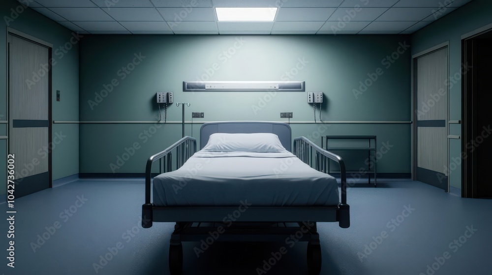 Empty hospital room featuring a bed, clean surroundings, and soft lighting, conveying a sense of calm and readiness for patient care. Empty hospital room featuring a bed, clean surroundings, and soft lighting, conveying a sense of calm and readiness for patient care.