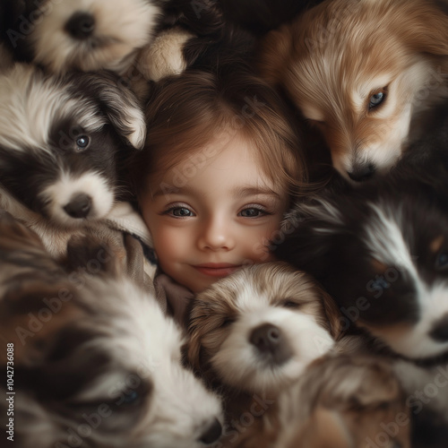 Close-Up Portrait of Little Girl with Playful Puppies photo