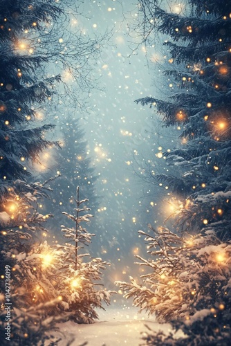 Enchanting winter wonderland a dreamy scene of snow-covered trees illuminated by glowing lights in a magical forest