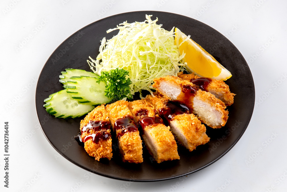 Japanese pork cutlet and shredded cabbage on a black plate Japanese pork cutlet and shredded cabbage on a black plate
