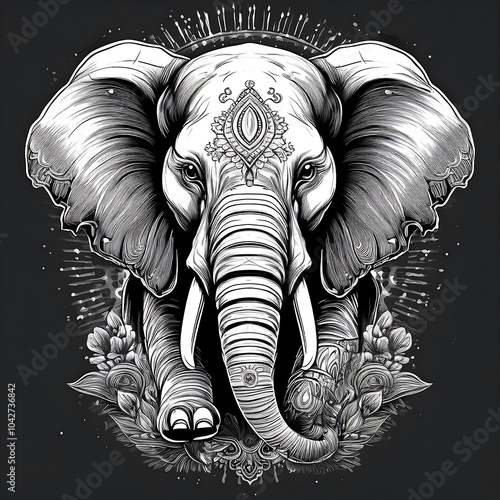 A detailed illustration of an elephant's head with ornate patterns and flowers. photo