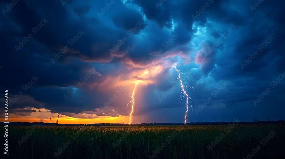 Obraz premium Dramatic Storm with Powerful Lightning Bolt Striking in Moody Rural Landscape