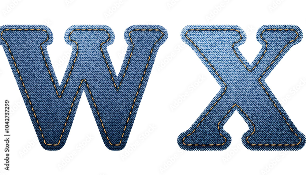 W-X Realistic sewn denim fabric letters W X isolated on white background textured alphabet stitching effect W-X Realistic sewn denim fabric letters W X isolated on white background textured alphabet stitching effect