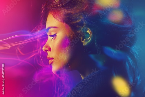 A woman’s profile illuminated by colorful lights