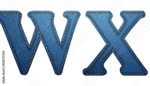 W-X Realistic sewn denim fabric letters W X isolated on white background textured alphabet stitching effect