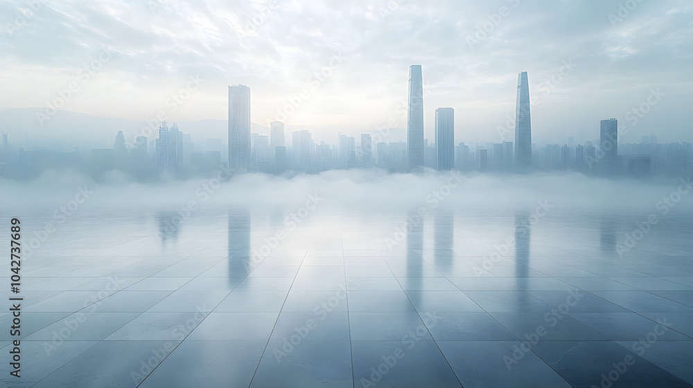 An Empty Concrete Floor with a City Skyline Background. The Minimalist Scene Captures the Urban Atmosphere, Highlighting Architectural Elements Against a Clear Sky, Ideal for Modern Design and Creativ An Empty Concrete Floor with a City Skyline Background. The Minimalist Scene Captures the Urban Atmosphere, Highlighting Architectural Elements Against a Clear Sky, Ideal for Modern Design and Creativ