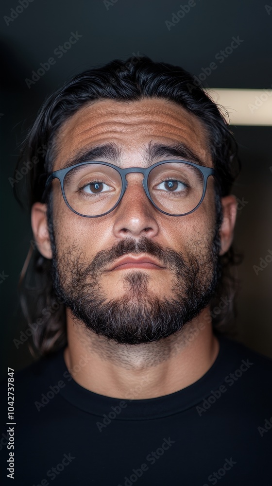 Confident Young Man with Glasses in a Dimly Lit Environment Confident Young Man with Glasses in a Dimly Lit Environment