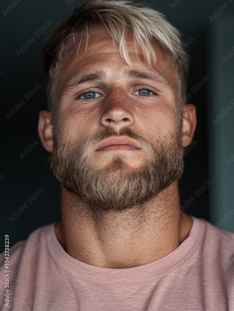 Close-Up Portrait of a Confident Young Man with Blue Eyes and Beard Close-Up Portrait of a Confident Young Man with Blue Eyes and Beard