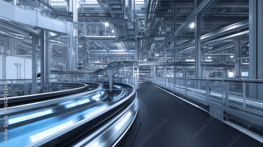 Fototapeta premium A futuristic industrial space with sleek metal structures and illuminated pathways.