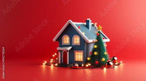 Festive house with Christmas tree and lights photo