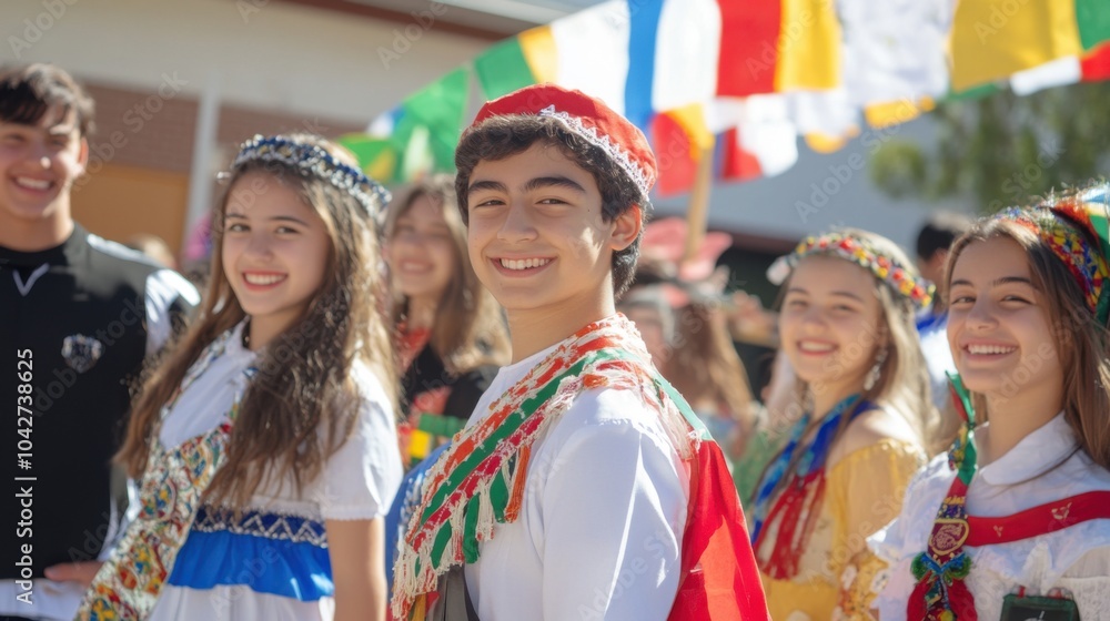 Group of smiling young people in traditional costumes at a cultural festival. Group of smiling young people in traditional costumes at a cultural festival.