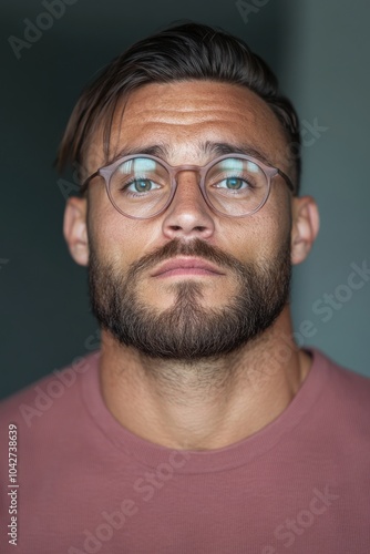 Confident Young Man with Glasses and Beard in Casual Attire