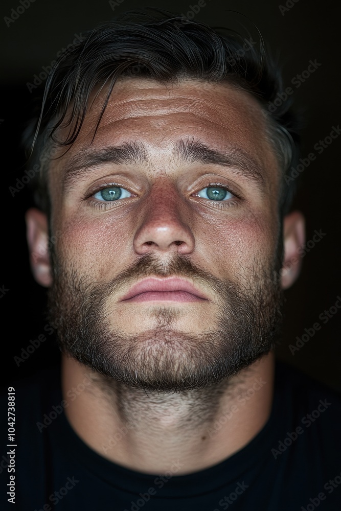 Fototapeta premium Intense Portrait of a Young Man with Striking Blue Eyes and a Full Beard