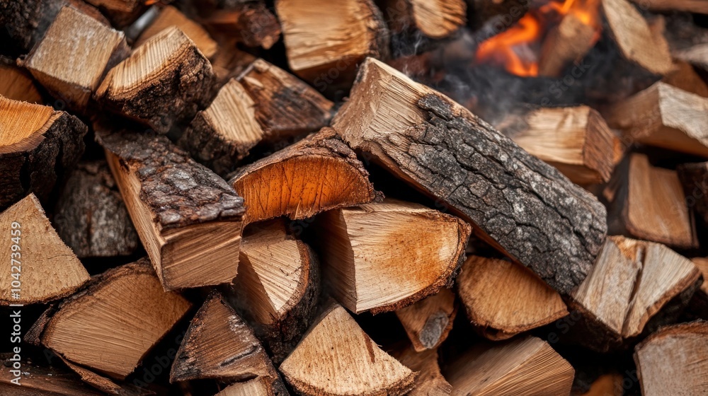 A close-up of neatly stacked firewood, some pieces burning with a soft glow. A close-up of neatly stacked firewood, some pieces burning with a soft glow.