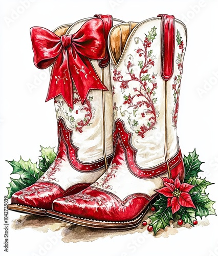 Festive Christmas boots with holly and poinsettia, A pair of decorative Christmas cowboy boots featuring red bows, holly, and poinsettia accents, blending Western style with holiday charm.

