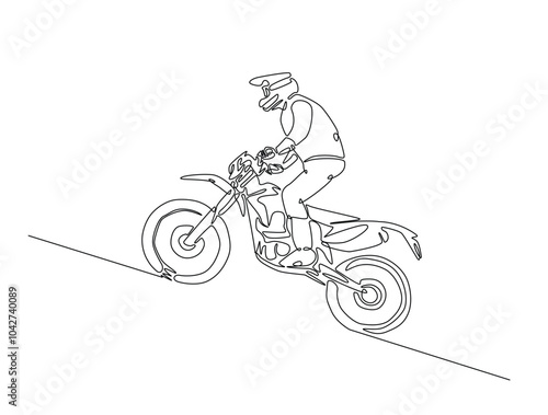 Continuous one line drawing of motocross rider. motobike extreme sport single line art vector illustration. Editable vector.