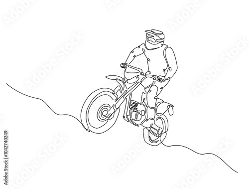 Continuous one line drawing of motocross rider. motobike extreme sport single line art vector illustration. Editable vector.