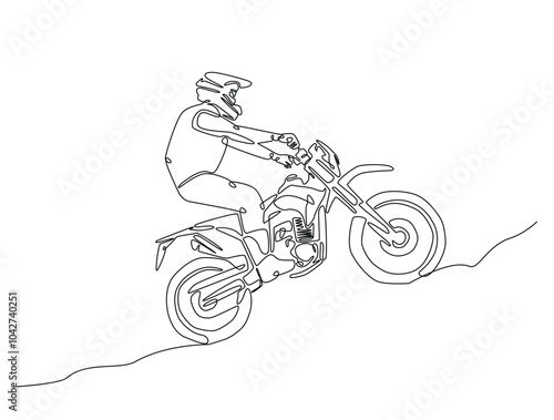 Continuous one line drawing of motocross rider. motobike extreme sport single line art vector illustration. Editable vector.