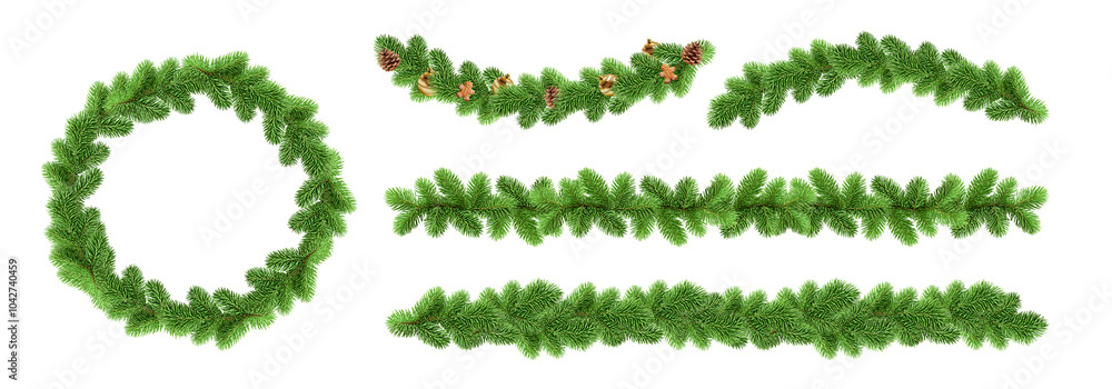 Set of christmas garland pine tree isolated on white Set of christmas garland pine tree isolated on white
