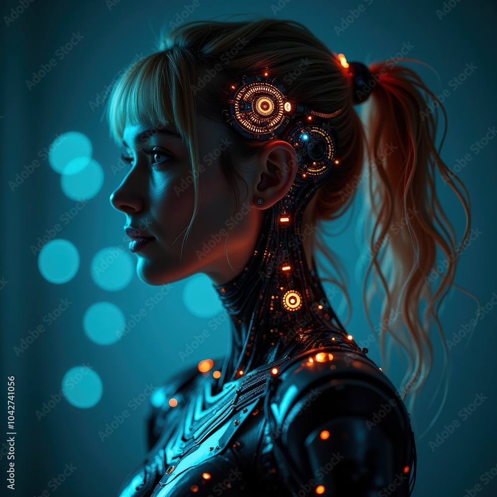 Cyberpunk Woman with Mechanical Implants and Glowing Lights Cyberpunk Woman with Mechanical Implants and Glowing Lights