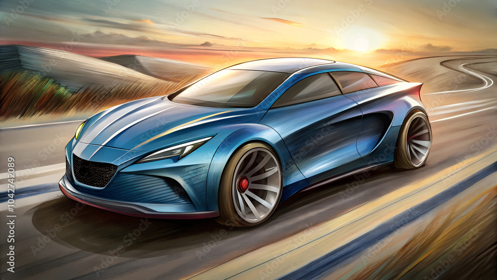 hand drawn design of modern a car runing on the road hand drawn design of modern a car runing on the road