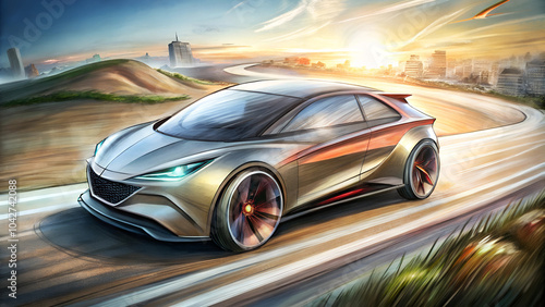 hand drawn design of modern a car runing on the road