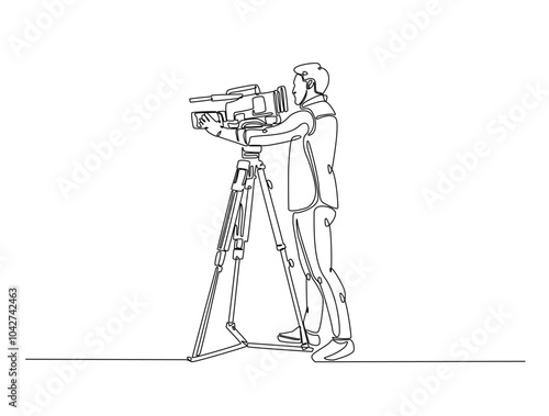 Continuous one line drawing of man videographer holds camcorder. Cameramen or videographer single line art vector illustration. Editable vector.