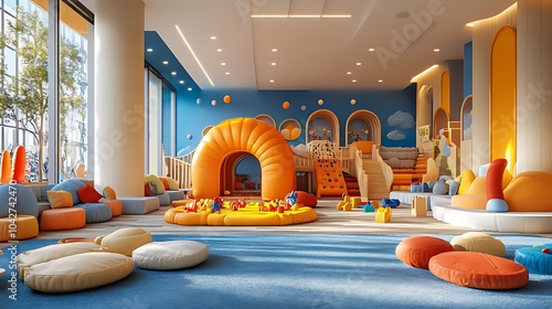 Modern, colorful playroom with large windows, a slide, climbing wall, and a tunnel.  Kids play area with soft cushions.