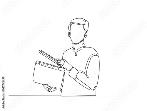 Continuous one line drawing of man holding clapper board. producer holding clapboard single line art vector illustration. Editable vector.