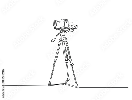 Continuous one line drawing of video camcorder on tripod. Camera recorder single line art vector illustration. Editable vector.