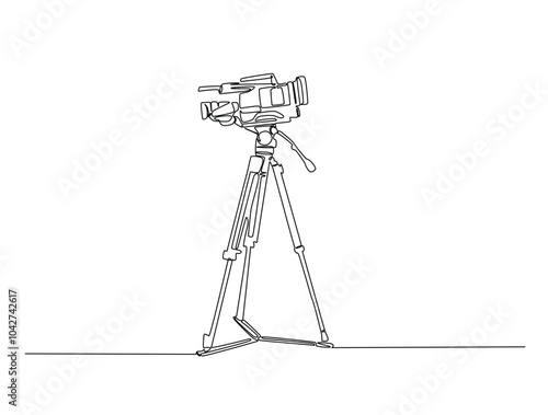 Continuous one line drawing of video camcorder on tripod. Camera recorder single line art vector illustration. Editable vector.
